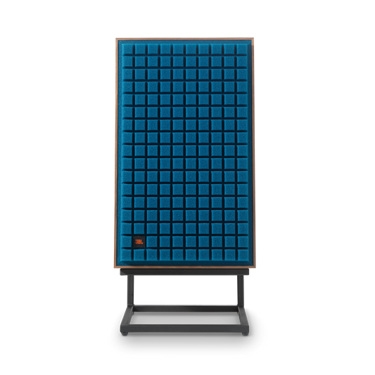 JBL L100 Classic sett forfra med blå Quadrex-front
