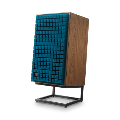 JBL L100 Classic med blå Quadrex-front og stativ