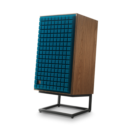 JBL L100 Classic med blå Quadrex-front og stativ