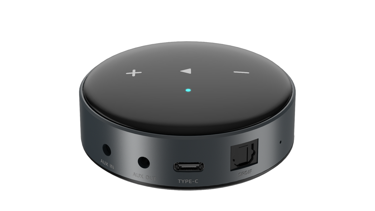 WiiM Mini med AUX inn, AUX ut, USB-C strøm og optisk SPDIF-utgang