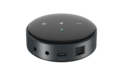 WiiM Mini med AUX inn, AUX ut, USB-C strøm og optisk SPDIF-utgang
